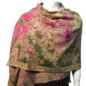 Vintage Style Green & Pink Paisley Pashmina Scarf for Women, Floral Shawl Wrap